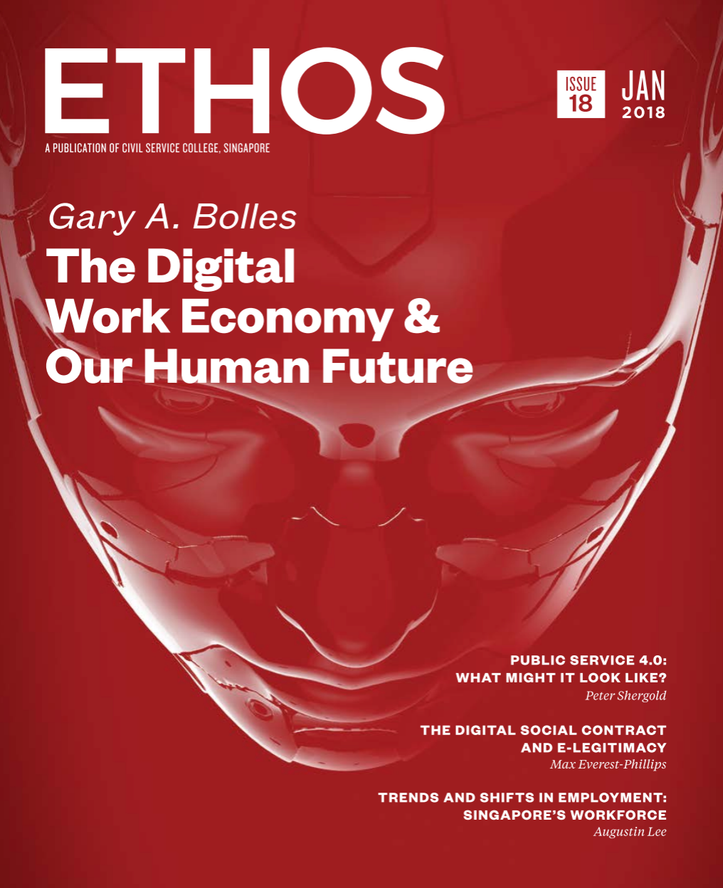 Cover of ETHOS magazine, Issue 18, Jan 2018, featuring "The Digital Work Economy & Our Human Future" by Gary A. Bolles.